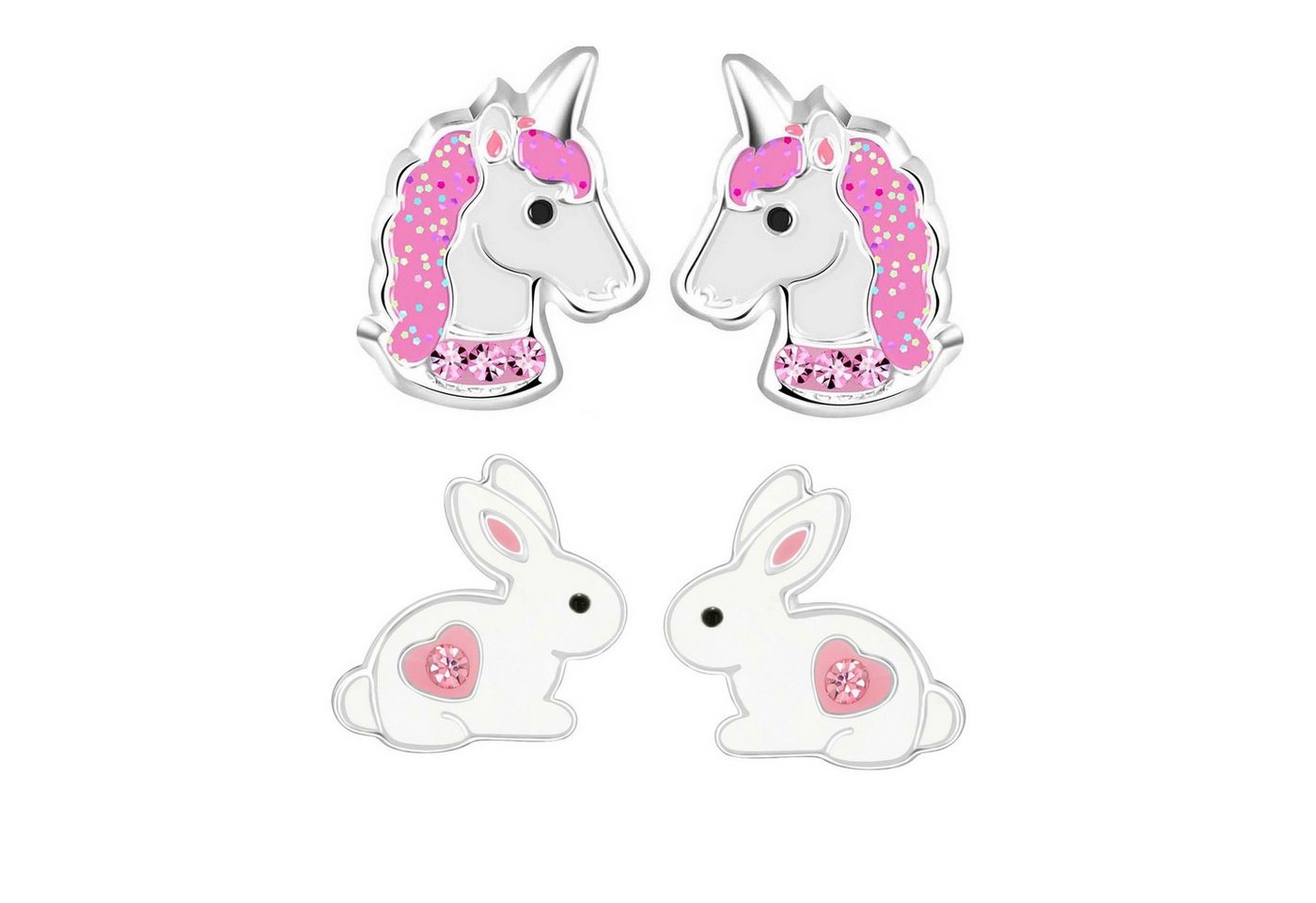 schmuck23 Ohrstecker-Set 2 x Kinder Ohrringe Hase Einhorn pink 925 Silber Ostern (Geschenkset, Set aus 2 Paar Ohrringen), Mädchen Kinderschmuck 4 x Silikonverschluß extra von schmuck23