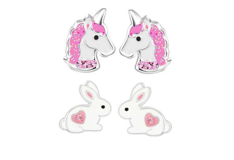 schmuck23 Ohrstecker-Set 2 x Kinder Ohrringe Hase Einhorn pink 925 Silber Ostern (Geschenkset, Set aus 2 Paar Ohrringen), Mädchen Kinderschmuck 4 x Silikonverschluß extra von schmuck23