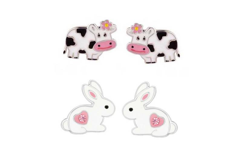 schmuck23 Ohrstecker-Set 2 x Kinder Ohrringe Hase Kuh 925 Silber Ostern (Geschenkset, Set aus 2 Paar Ohrringen), Mädchen Kinderschmuck 4 x Silikonverschluß extra von schmuck23