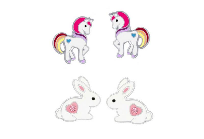 schmuck23 Ohrstecker-Set 2 x Kinder Ohrringe Hase Einhorn 925 Silber Ostern (Geschenkset, Set aus 2 Paar Ohrringen), Mädchen Kinderschmuck 4 x Silikonverschluß extra von schmuck23