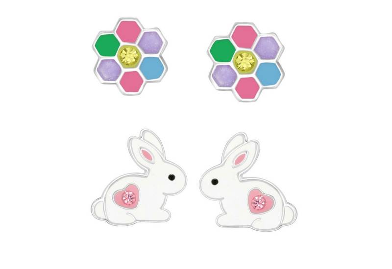 schmuck23 Ohrstecker-Set 2 x Kinder Ohrringe Hase bunte Blume 925 Silber Ostern (Geschenkset, Set aus 2 Paar Ohrringen), Mädchen Kinderschmuck 4 x Silikonverschluß extra von schmuck23