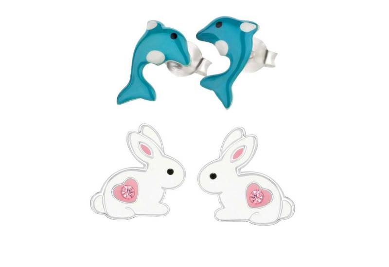 schmuck23 Ohrstecker-Set 2 x Kinder Ohrringe Hase Delfin 925 Silber Ostern (Geschenkset, Set aus 2 Paar Ohrringen), Mädchen Kinderschmuck 4 x Silikonverschluß extra von schmuck23