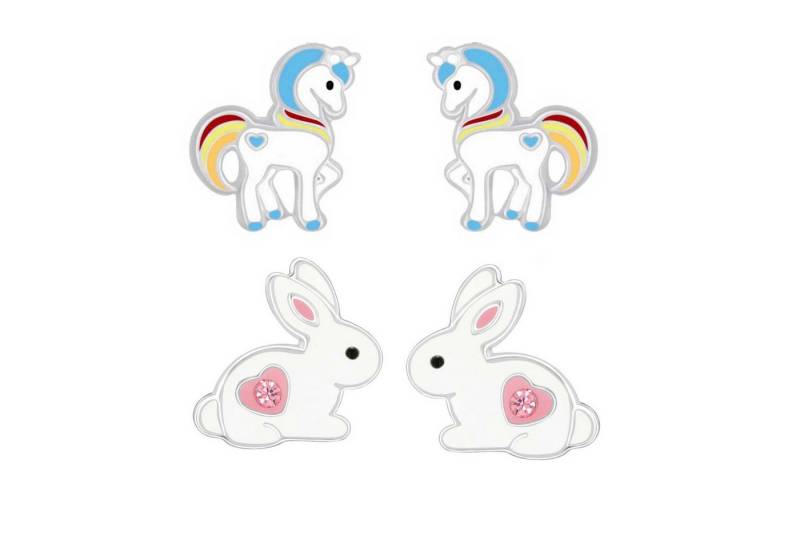schmuck23 Ohrstecker-Set 2 x Kinder Ohrringe Hase Einhorn 925 Silber Ostern (Geschenkset, Set aus 2 Paar Ohrringen), Mädchen Kinderschmuck 4 x Silikonverschluß extra von schmuck23