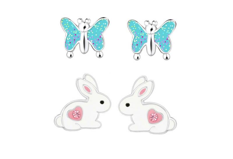 schmuck23 Ohrstecker-Set 2 x Kinder Ohrringe Hase Schmetterling 925 Silber Ostern (Geschenkset, Set aus 2 Paar Ohrringen), Mädchen Kinderschmuck 4 x Silikonverschluß extra von schmuck23