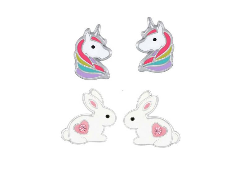 schmuck23 Ohrstecker-Set 2 x Kinder Ohrringe Hase Einhorn bunt 925 Silber Ostern (Geschenkset, Set aus 2 Paar Ohrringen), Mädchen Kinderschmuck 4 x Silikonverschluß extra von schmuck23