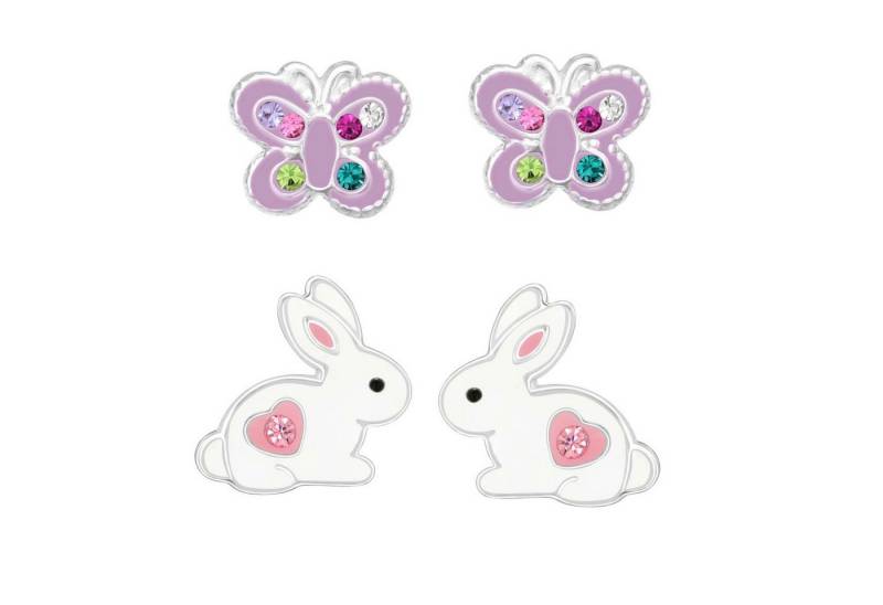 schmuck23 Ohrstecker-Set 2 x Kinder Ohrringe Hase Schmetterling bunt 925 Silber Ostern (Geschenkset, Set aus 2 Paar Ohrringen), Mädchen Kinderschmuck 4 x Silikonverschluß extra von schmuck23