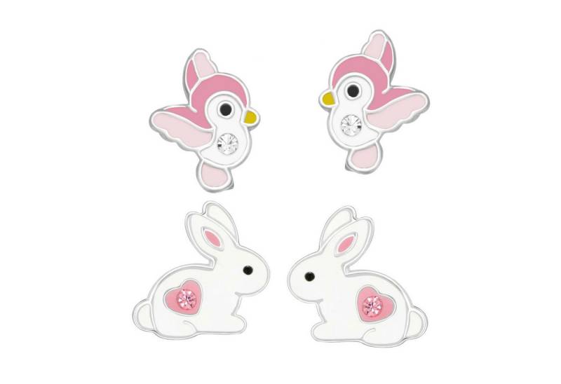 schmuck23 Ohrstecker-Set 2 x Kinder Ohrringe Hase pinker Spatz 925 Silber Ostern (Geschenkset, Set aus 2 Paar Ohrringen), Mädchen Kinderschmuck 4 x Silikonverschluß extra von schmuck23