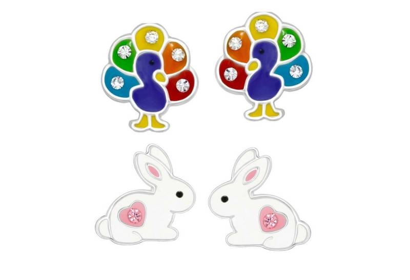 schmuck23 Ohrstecker-Set 2 x Kinder Ohrringe Hase Pfau 925 Silber Ostern (Geschenkset, Set aus 2 Paar Ohrringen), Mädchen Kinderschmuck 4 x Silikonverschluß extra von schmuck23