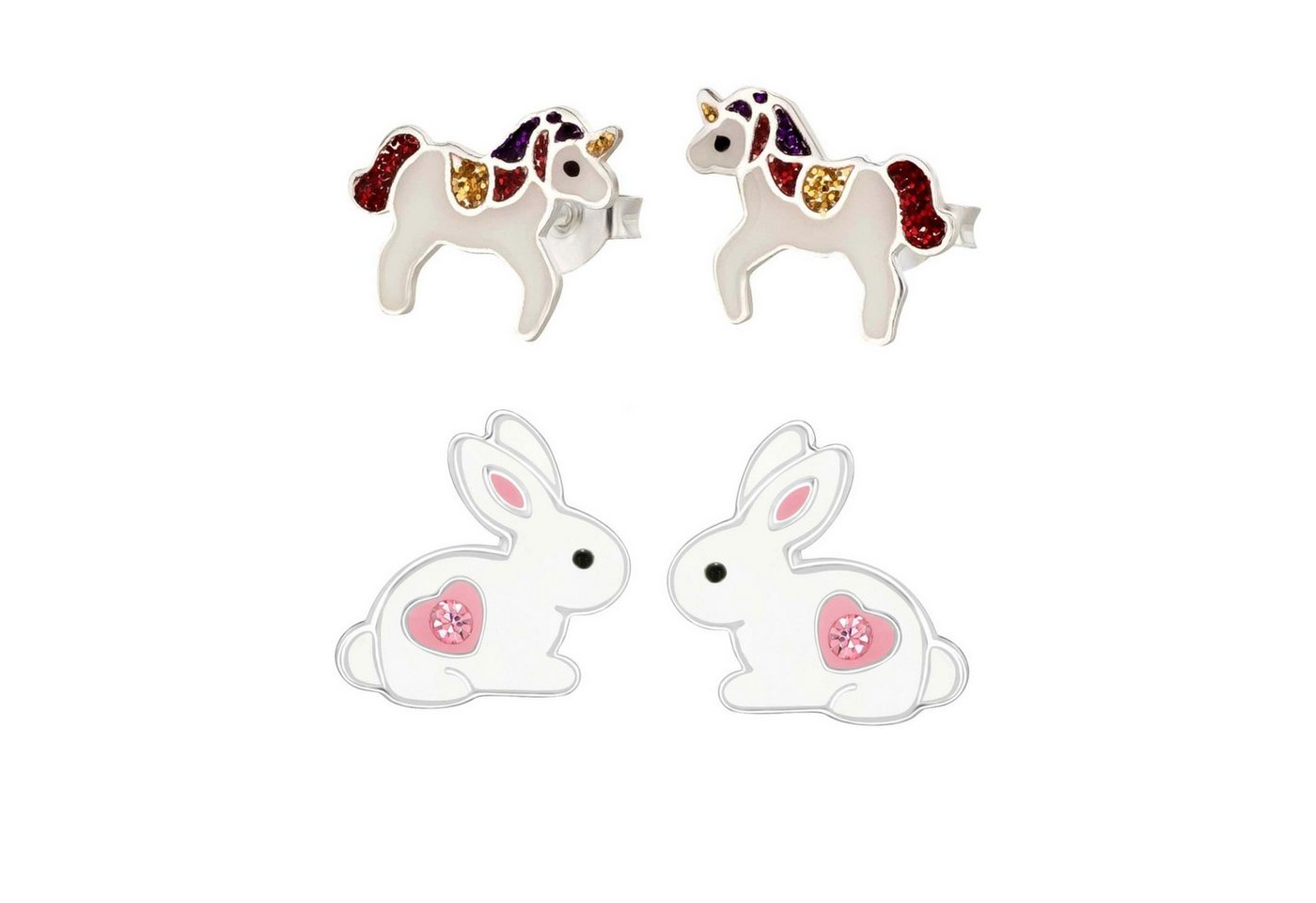 schmuck23 Ohrstecker-Set 2 x Kinder Ohrringe Hase Einhorn 925 Silber Ostern (Geschenkset, Set aus 2 Paar Ohrringen), Mädchen Kinderschmuck 4 x Silikonverschluß extra von schmuck23