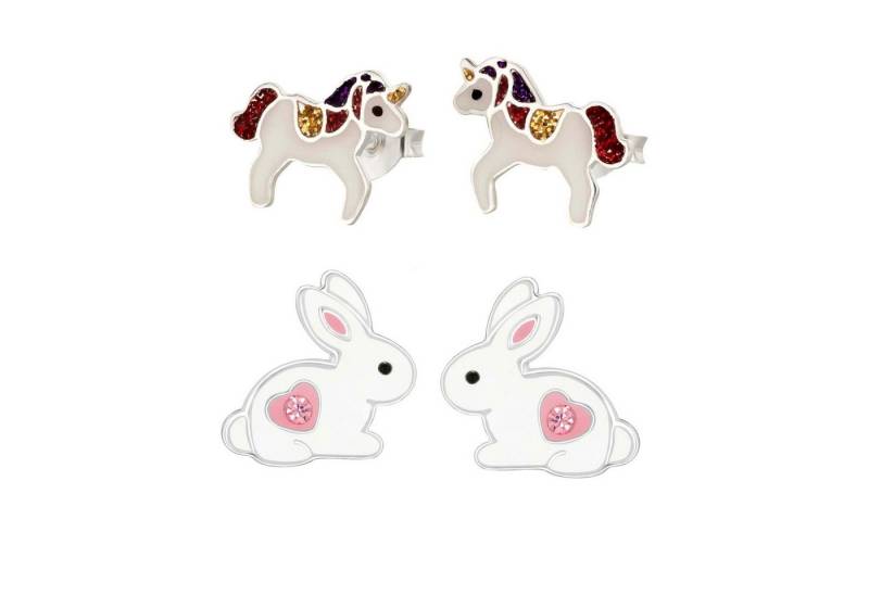 schmuck23 Ohrstecker-Set 2 x Kinder Ohrringe Hase Einhorn 925 Silber Ostern (Geschenkset, Set aus 2 Paar Ohrringen), Mädchen Kinderschmuck 4 x Silikonverschluß extra von schmuck23