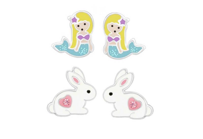 schmuck23 Ohrstecker-Set 2 x Kinder Ohrringe Hase Meerjungfrau blau 925 Silber Ostern (Geschenkset, Set aus 2 Paar Ohrringen), Mädchen Kinderschmuck 4 x Silikonverschluß extra von schmuck23