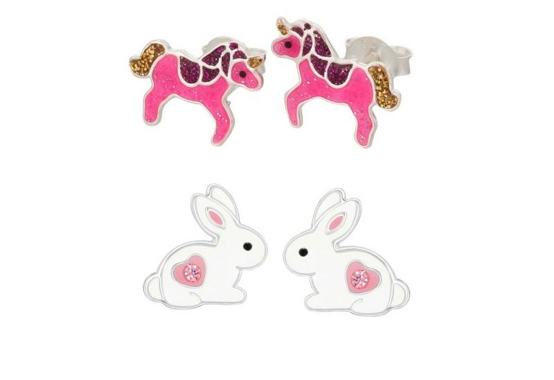 schmuck23 Ohrstecker-Set 2 x Kinder Ohrringe Hase Einhorn 925 Silber Ostern (Geschenkset, Set aus 2 Paar Ohrringen), Mädchen Kinderschmuck 4 x Silikonverschluß extra von schmuck23