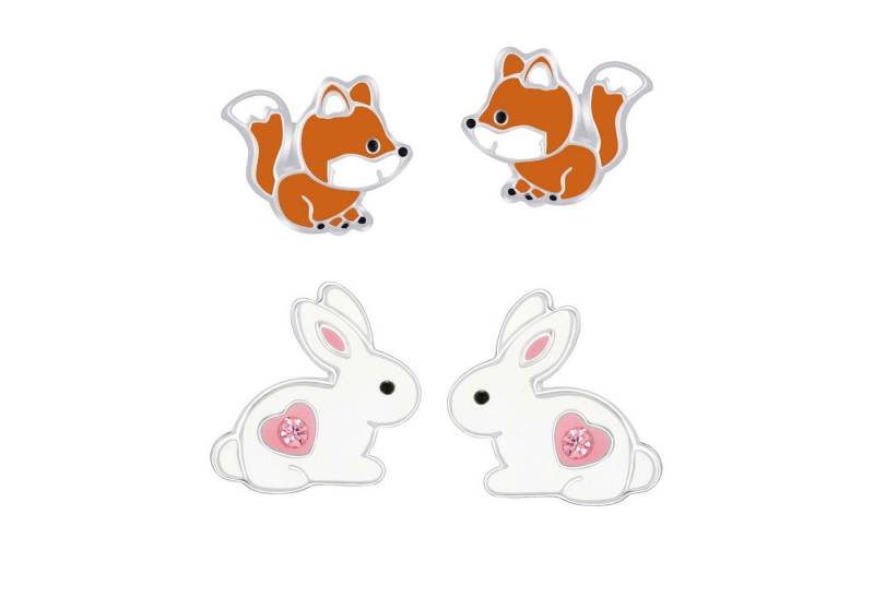 schmuck23 Ohrstecker-Set 2 x Kinder Ohrringe Hase Fuchs 925 Silber Ostern (Geschenkset, Set aus 2 Paar Ohrringen), Mädchen Kinderschmuck 4 x Silikonverschluß extra von schmuck23