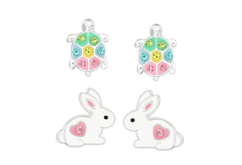 schmuck23 Ohrstecker-Set 2 x Kinder Ohrringe Hase bunte Schildkröte 925 Silber Ostern (Geschenkset, Set aus 2 Paar Ohrringen), Mädchen Kinderschmuck 4 x Silikonverschluß extra von schmuck23