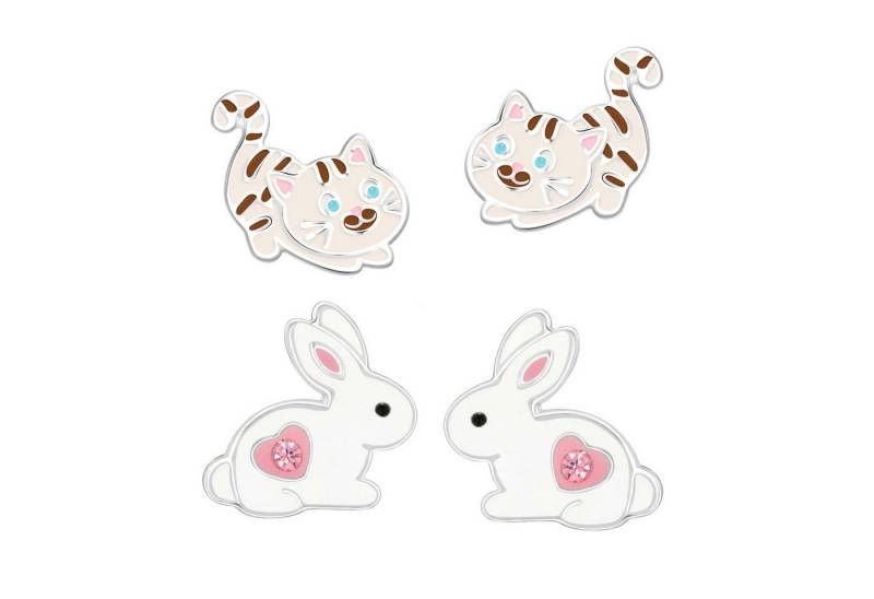 schmuck23 Ohrstecker-Set 2 x Kinder Ohrringe Hase gestreifte Katze 925 Silber Ostern (Geschenkset, Set aus 2 Paar Ohrringen), Mädchen Kinderschmuck 4 x Silikonverschluß extra von schmuck23