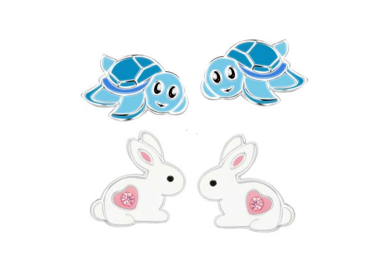 schmuck23 Ohrstecker-Set 2 x Kinder Ohrringe Hase Schildkröte 925 Silber Ostern (Geschenkset, Set aus 2 Paar Ohrringen), Mädchen Kinderschmuck 4 x Silikonverschluß extra von schmuck23