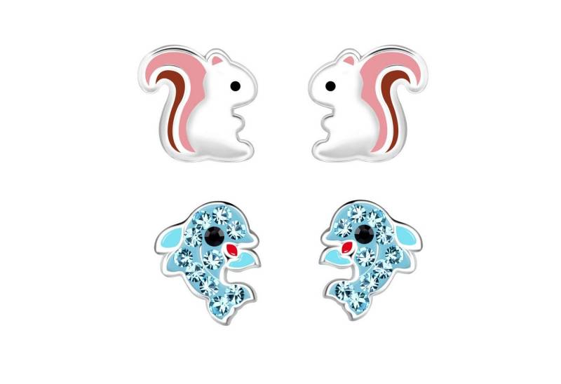 schmuck23 Ohrstecker-Set 2 Paar Kinderohrringe Delfin und Eichhörnchen 925 Silber (Geschenkset, Set aus 2 Paar Ohrringen mit 4 x extras Silikonverschluß), Mädchen Kinderschmuck 4 x Silikonverschluß extra von schmuck23