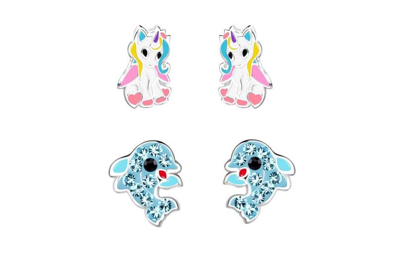 schmuck23 Ohrstecker-Set 2 Paar Kinderohrringe Delfin und Einhorn 925 Silber (Geschenkset, Set aus 2 Paar Ohrringen mit 4 x extras Silikonverschluß), Mädchen Kinderschmuck 4 x Silikonverschluß extra von schmuck23