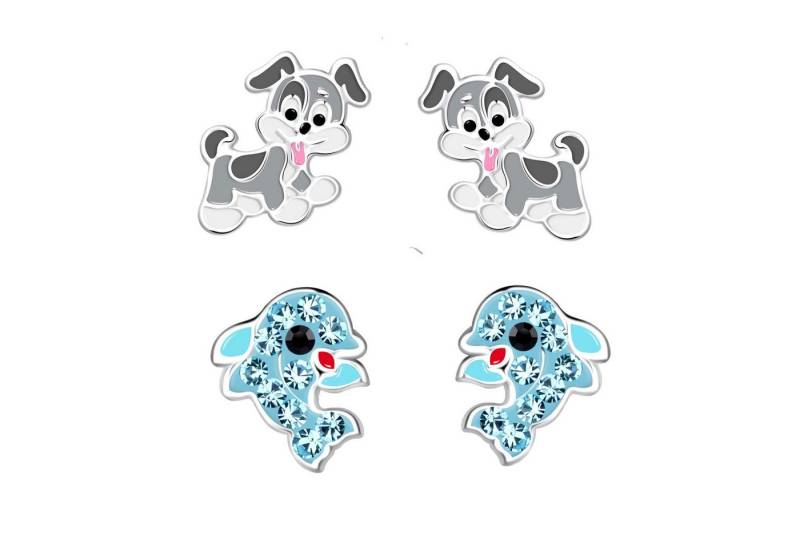 schmuck23 Ohrstecker-Set 2 Paar Kinderohrringe Delfin und Hund 925 Silber (Geschenkset, Set aus 2 Paar Ohrringen mit 4 x extras Silikonverschluß), Mädchen Kinderschmuck 4 x Silikonverschluß extra von schmuck23