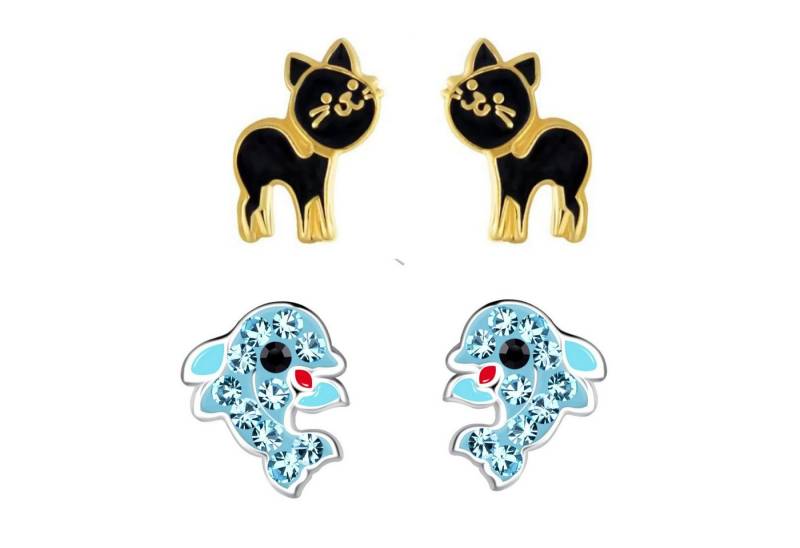 schmuck23 Ohrstecker-Set 2 Paar Kinderohrringe Delfin und goldene Katze 925 Silber (Geschenkset, Set aus 2 Paar Ohrringen mit 4 x extras Silikonverschluß), Mädchen Kinderschmuck 4 x Silikonverschluß extra von schmuck23