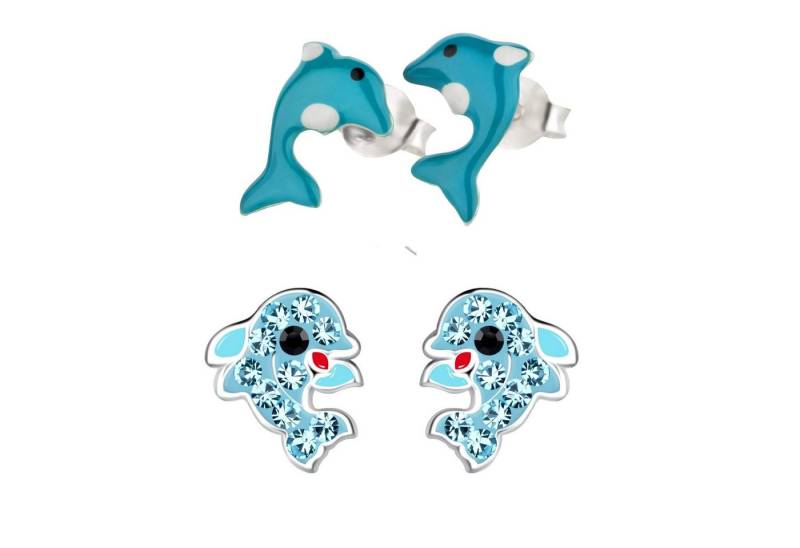 schmuck23 Ohrstecker-Set 2 x Kinder Ohrringe Delfin 925 Silber (Geschenkset, Set aus 2 Paar Ohrringen), Mädchen Kinderschmuck 4 x Silikonverschluß extra von schmuck23