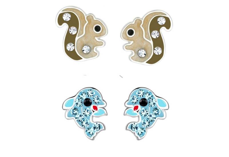 schmuck23 Ohrstecker-Set 2 x Kinder Ohrringe Delfin Eichhörnchen 925 Silber (Geschenkset, Set aus 2 Paar Ohrringen), Mädchen Kinderschmuck 4 x Silikonverschluß extra von schmuck23