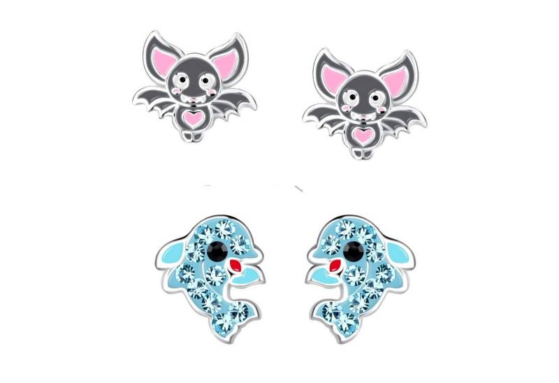 schmuck23 Ohrstecker-Set 2 x Kinder Ohrringe Delfin Fledermaus 925 Silber (Geschenkset, Set aus 2 Paar Ohrringen), Mädchen Kinderschmuck 4 x Silikonverschluß extra von schmuck23