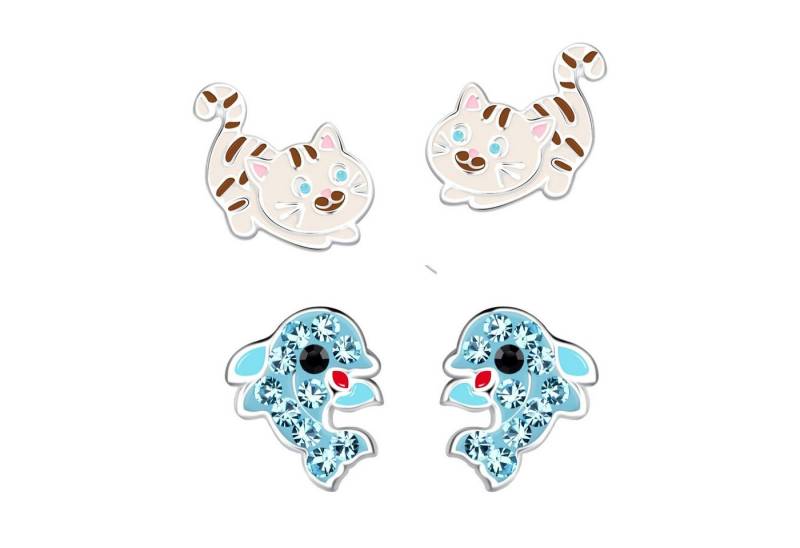 schmuck23 Ohrstecker-Set 2 x Kinder Ohrringe Delfin Katze 925 Silber (Geschenkset, Set aus 2 Paar Ohrringen), Mädchen Kinderschmuck 4 x Silikonverschluß extra von schmuck23