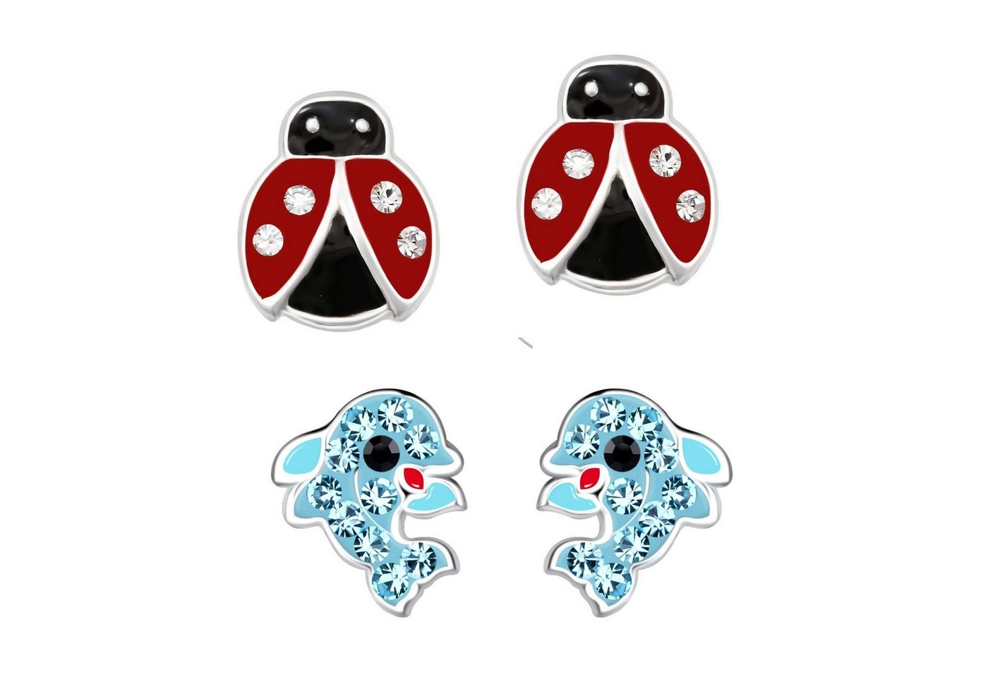 schmuck23 Ohrstecker-Set 2 x Kinder Ohrringe Delfin Marienkäfer 925 Silber (Geschenkset, Set aus 2 Paar Ohrringen), Mädchen Kinderschmuck 4 x Silikonverschluß extra von schmuck23