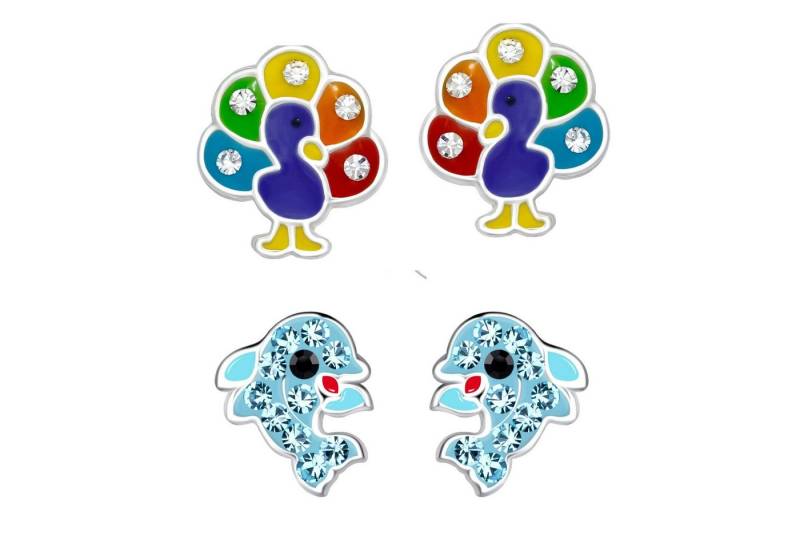 schmuck23 Ohrstecker-Set 2 x Kinder Ohrringe Delfin Pfau 925 Silber (Geschenkset, Set aus 2 Paar Ohrringen), Mädchen Kinderschmuck 4 x Silikonverschluß extra von schmuck23