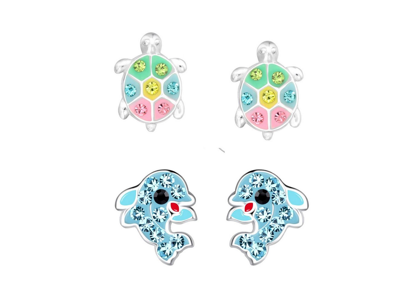 schmuck23 Ohrstecker-Set 2 x Kinder Ohrringe Delfin Schildkröte 925 Silber (Geschenkset, Set aus 2 Paar Ohrringen), Mädchen Kinderschmuck 4 x Silikonverschluß extra von schmuck23