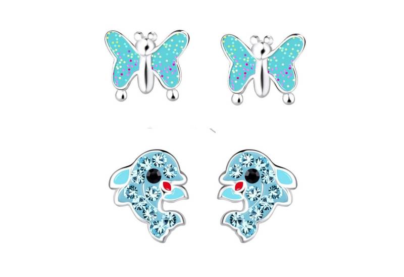 schmuck23 Ohrstecker-Set 2 x Kinder Ohrringe Delfin Schmetterling 925 Silber (Geschenkset, Set aus 2 Paar Ohrringen), Mädchen Kinderschmuck 4 x Silikonverschluß extra von schmuck23