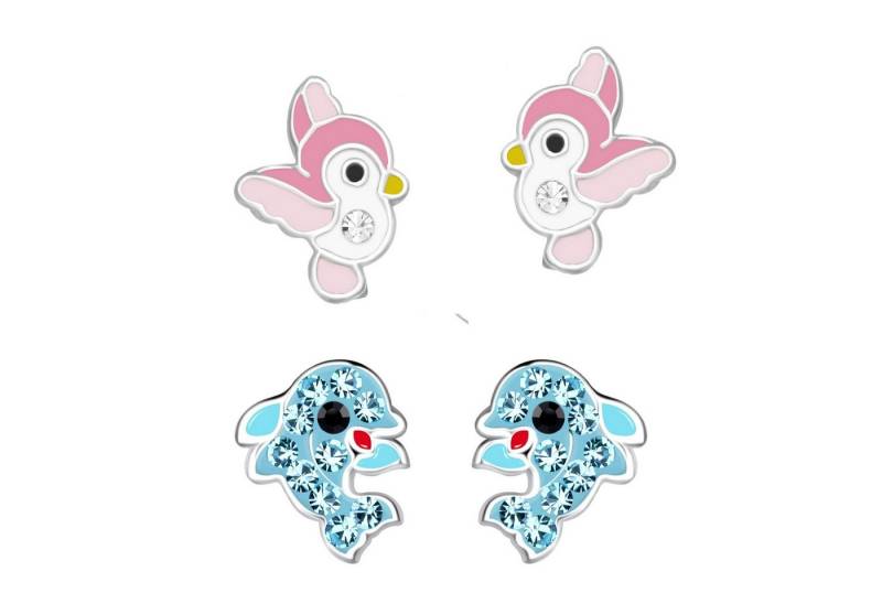 schmuck23 Ohrstecker-Set 2 x Kinder Ohrringe Delfin Vogel 925 Silber (Geschenkset, Set aus 2 Paar Ohrringen), Mädchen Kinderschmuck 4 x Silikonverschluß extra von schmuck23