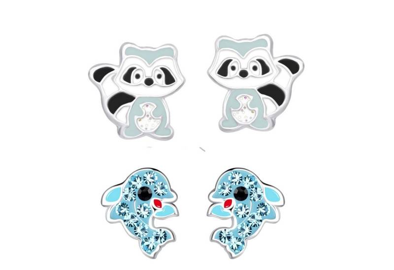 schmuck23 Ohrstecker-Set 2 x Kinder Ohrringe Delfin Waschbär 925 Silber (Geschenkset, Set aus 2 Paar Ohrringen), Mädchen Kinderschmuck 4 x Silikonverschluß extra von schmuck23