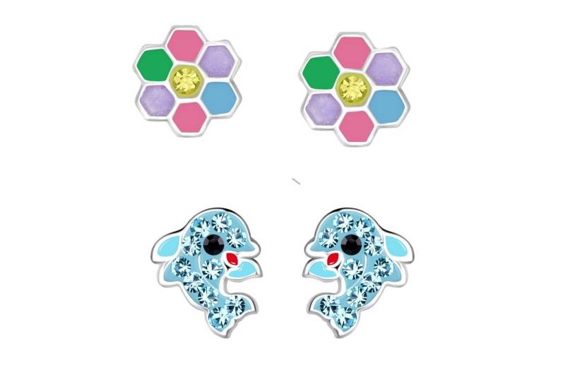 schmuck23 Ohrstecker-Set 2 x Kinder Ohrringe Delfin bunte Blume 925 Silber (Geschenkset, Set aus 2 Paar Ohrringen), Mädchen Kinderschmuck 4 x Silikonverschluß extra von schmuck23