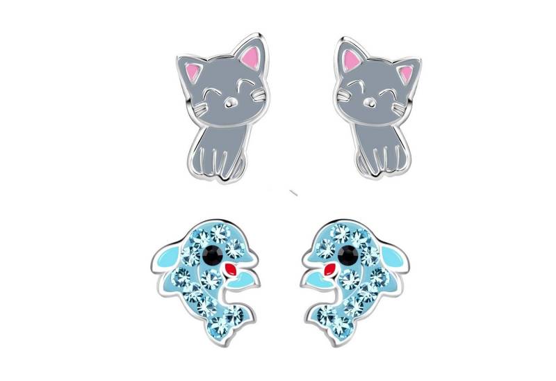 schmuck23 Ohrstecker-Set 2 x Kinder Ohrringe Delfin graue Katze 925 Silber (Geschenkset, Set aus 2 Paar Ohrringen), Mädchen Kinderschmuck 4 x Silikonverschluß extra von schmuck23