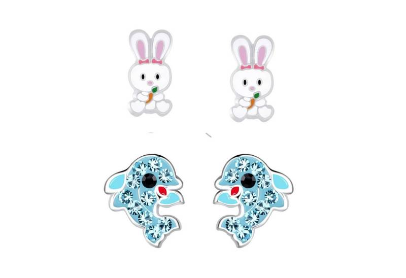 schmuck23 Ohrstecker-Set 2 x Kinder Ohrringe Delfin kleiner Hase Ostern 925 Silber (Geschenkset, Set aus 2 Paar Ohrringen), Mädchen Kinderschmuck 4 x Silikonverschluß extra von schmuck23