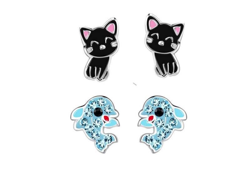 schmuck23 Ohrstecker-Set 2 x Kinder Ohrringe Delfin schwarze Katze 925 Silber (Geschenkset, Set aus 2 Paar Ohrringen), Mädchen Kinderschmuck 4 x Silikonverschluß extra von schmuck23