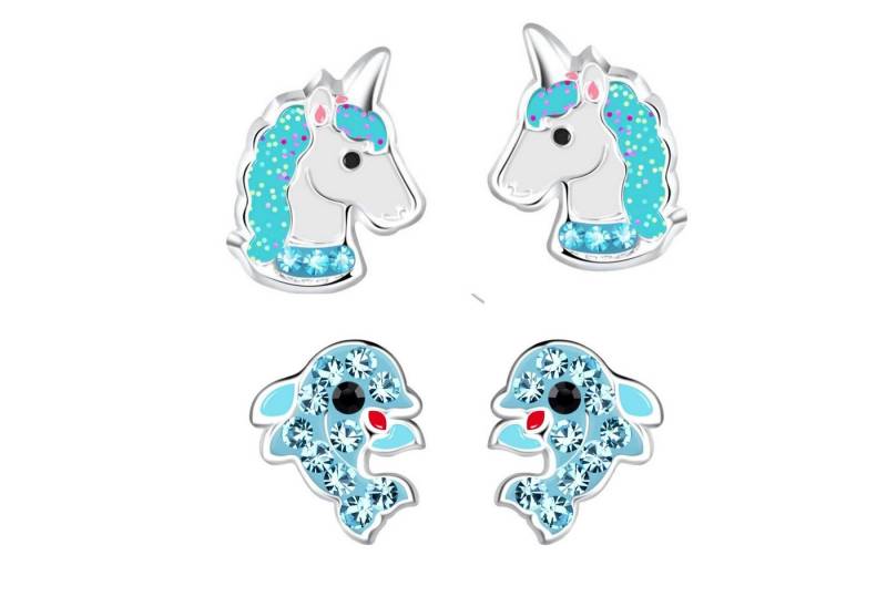 schmuck23 Ohrstecker-Set 2 x Kinder Ohrringe Delfin und Einhorn 925 Silber (Geschenkset, Set aus 2 Paar Ohrringen), Mädchen Kinderschmuck 4 x Silikonverschluß extra von schmuck23