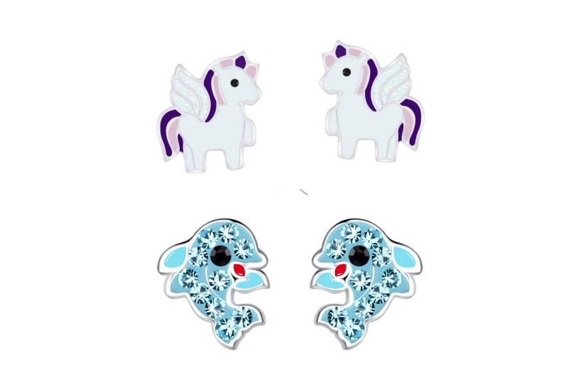 schmuck23 Ohrstecker-Set 2 x Kinder Ohrringe Delfin und Einhorn 925 Silber (Geschenkset, Set aus 2 Paar Ohrringen), Mädchen Kinderschmuck 4 x Silikonverschluß extra von schmuck23