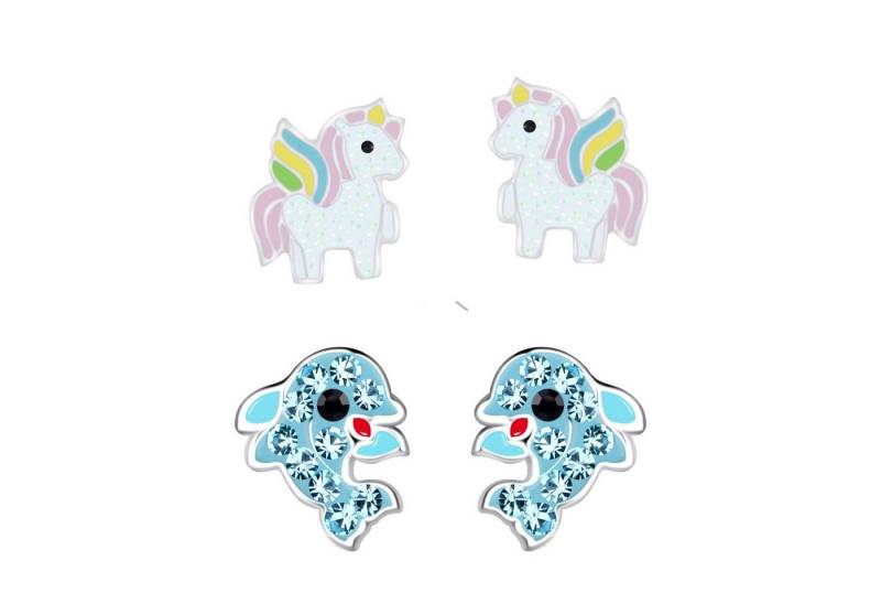 schmuck23 Ohrstecker-Set 2 x Kinder Ohrringe Delfin und Einhorn 925 Silber (Geschenkset, Set aus 2 Paar Ohrringen), Mädchen Kinderschmuck 4 x Silikonverschluß extra von schmuck23