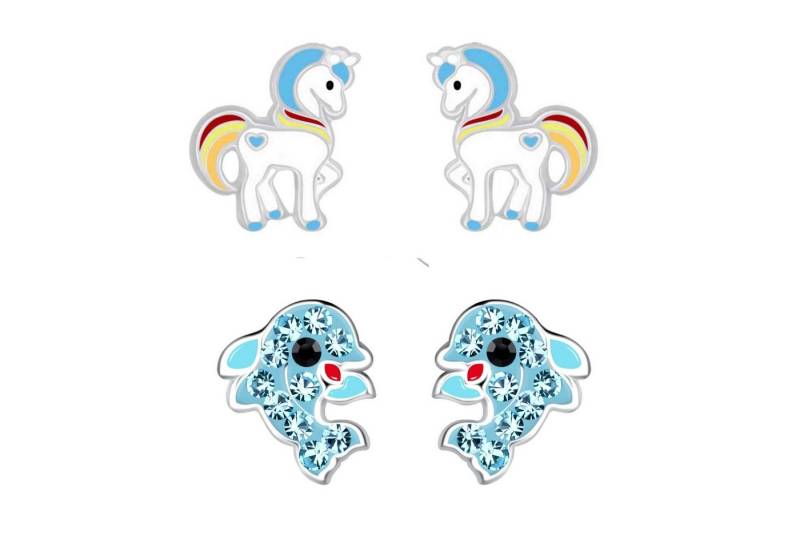 schmuck23 Ohrstecker-Set 2 x Kinder Ohrringe Delfin und Einhorn 925 Silber (Geschenkset, Set aus 2 Paar Ohrringen), Mädchen Kinderschmuck 4 x Silikonverschluß extra von schmuck23