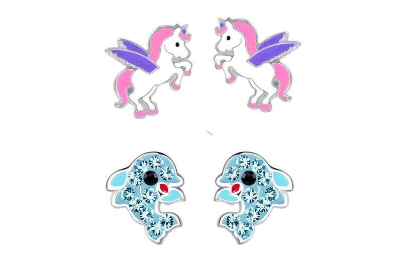 schmuck23 Ohrstecker-Set 2 x Kinder Ohrringe Delfin und Einhorn 925 Silber (Geschenkset, Set aus 2 Paar Ohrringen), Mädchen Kinderschmuck 4 x Silikonverschluß extra von schmuck23