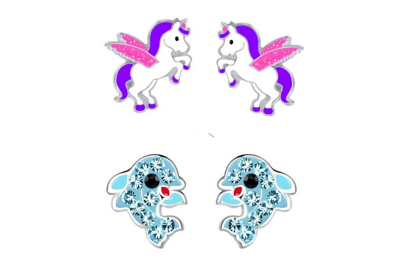 schmuck23 Ohrstecker-Set 2 x Kinder Ohrringe Delfin und Einhorn 925 Silber (Geschenkset, Set aus 2 Paar Ohrringen), Mädchen Kinderschmuck 4 x Silikonverschluß extra von schmuck23