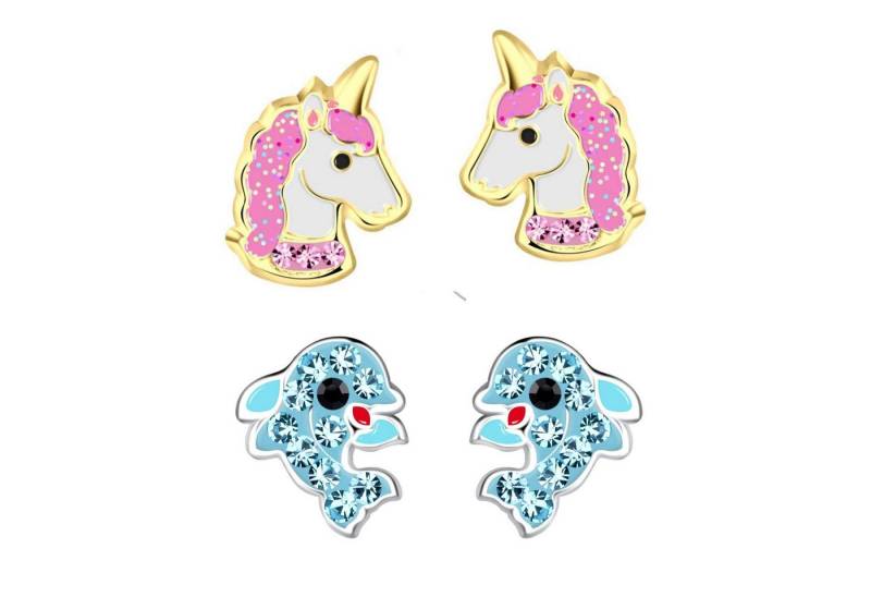 schmuck23 Ohrstecker-Set 2 x Kinder Ohrringe Delfin und Einhorn gold 925 Silber (Geschenkset, Set aus 2 Paar Ohrringen), Mädchen Kinderschmuck 4 x Silikonverschluß extra von schmuck23