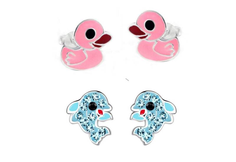 schmuck23 Ohrstecker-Set 2 x Kinder Ohrringe Delfin und Ente 925 Silber (Geschenkset, Set aus 2 Paar Ohrringen), Mädchen Kinderschmuck 4 x Silikonverschluß extra von schmuck23