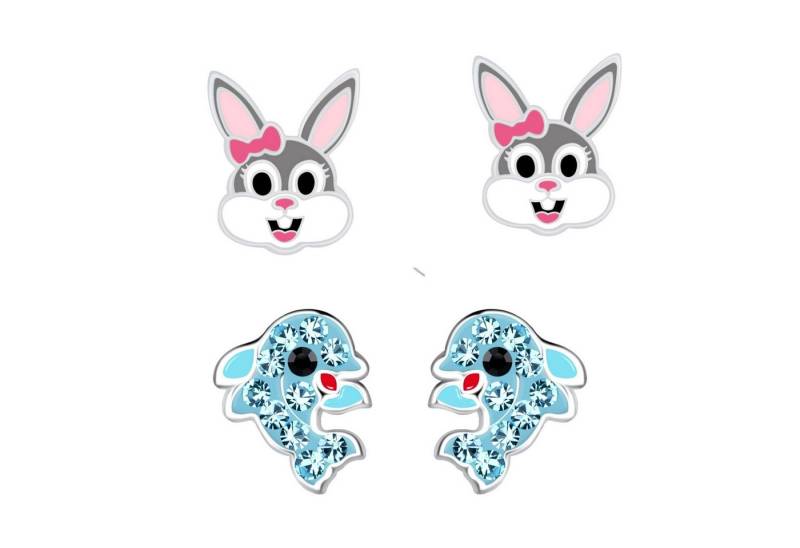 schmuck23 Ohrstecker-Set 2 x Kinder Ohrringe Delfin und Hase Ostern 925 Silber (Geschenkset, Set aus 2 Paar Ohrringen), Mädchen Kinderschmuck 4 x Silikonverschluß extra von schmuck23