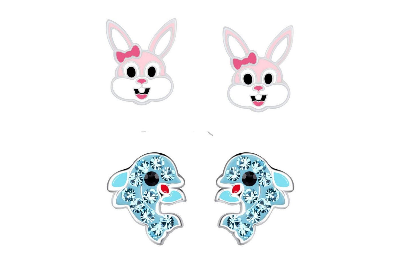 schmuck23 Ohrstecker-Set 2 x Kinder Ohrringe Delfin und Hase Ostern 925 Silber (Geschenkset, Set aus 2 Paar Ohrringen), Mädchen Kinderschmuck 4 x Silikonverschluß extra von schmuck23