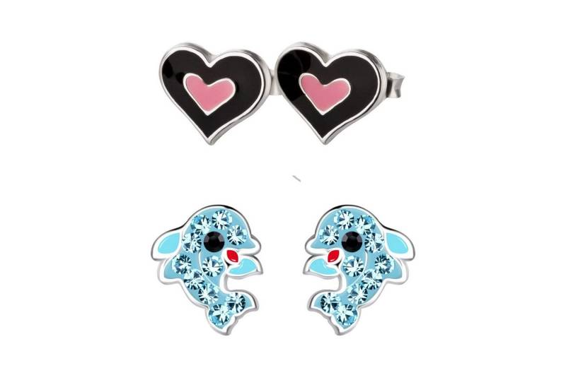 schmuck23 Ohrstecker-Set 2 x Kinder Ohrringe Delfin und Herz 925 Silber (Geschenkset, Set aus 2 Paar Ohrringen), Mädchen Kinderschmuck 4 x Silikonverschluß extra von schmuck23
