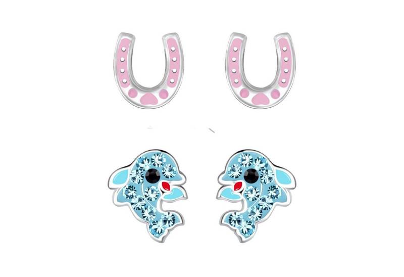 schmuck23 Ohrstecker-Set 2 x Kinder Ohrringe Delfin und Hufeisen 925 Silber (Geschenkset, Set aus 2 Paar Ohrringen), Mädchen Kinderschmuck 4 x Silikonverschluß extra von schmuck23